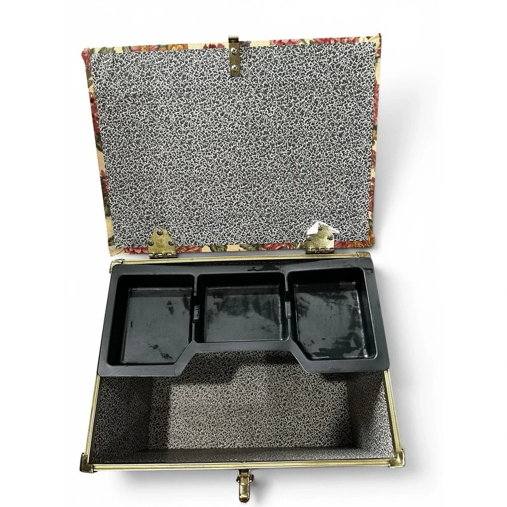 Vintage Deco Trunk Co Floral Flower Fabric Trunk Box Sewing Storage Brass Granny